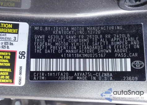 2021 Toyota Camry Le Awd z USA, uszkodzony, nr VIN 4T1R11BK1MU025167